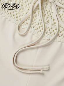 Aflion Quần ống loe cạp cao màu mơ dệt kim mới cho nữ mùa xuân/hè, chất liệu nhẹ, thoáng khí, kiểu dáng retro bohemian, thích hợp mặc đi biển. - Màu be - Xem 6