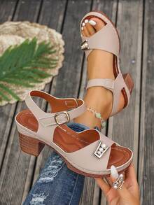 Women's Versatile Chunky Heel Sandals, Soft Sole, Open Toe, Fashion Casual Wear - Apricot - View 4