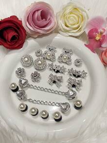 20pcs/Set New Fashion Original Heart Chain Pearl Cute Diamond Bear Series DIY Hole Shoes Decorative Accessories - Diamond Pentagram, Bow, Large Pearl, Detachable Shoe Buckle Accessories, Cute ABS Plastic Pearl Hole Shoes Buckle For Beach, Home, Outdoor, Summer - Ginger - View 9