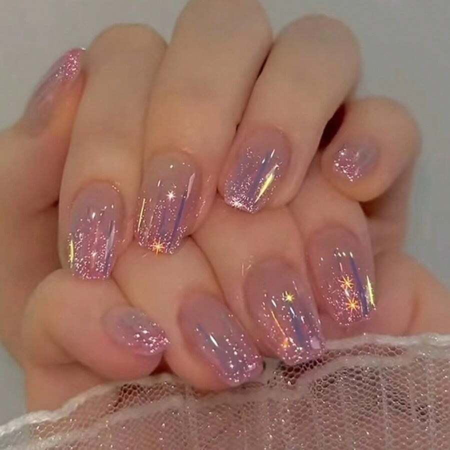 4 Boxes 96Pcs Short Squoval Press On Nails 24PCS Ultra Sparkle Aurora Purple Pink Press On Nails, Short Ballerina False Nails With Galaxy Star Glitter & Holographic Design, Edgy & Glam Fake Nails For Women & Girls, Ready-To-Wear For Party, Concert, Festival & Night Out.Nail Supply,Nail Kits,Nails>Short,Nails Press On Acrylic. - 粉紅紫色196 - 查看 1