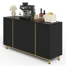 Sideboard, 150 Cm, Buffetschrank With Well-Förmigen, Geriffelten Türen, Verstellbaren Metallfüßen, Modernm Esstisch, Kippsicher, Geeignet Für Esszimmer, Küche Und Wohnzimmer – Schwarz - Black - View 2