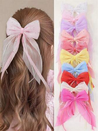 1pc Random Girls Kids Solid Color Mesh Pearl Chain Chiffon Bow Hair Clip Hair Accessory Headpiece, Suitable For Daily Use, With Pearl Tassel Mesh Bow Tie Headband Hair Accessories