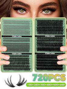 720pcs Super Dense DIY False Eyelashes Set, 8-16mm, 10D-150D Curl, Natural Look, Thick & Fluffy, Suitable For Daily Use And Beginners, Mixed Styles, Freely Combinable