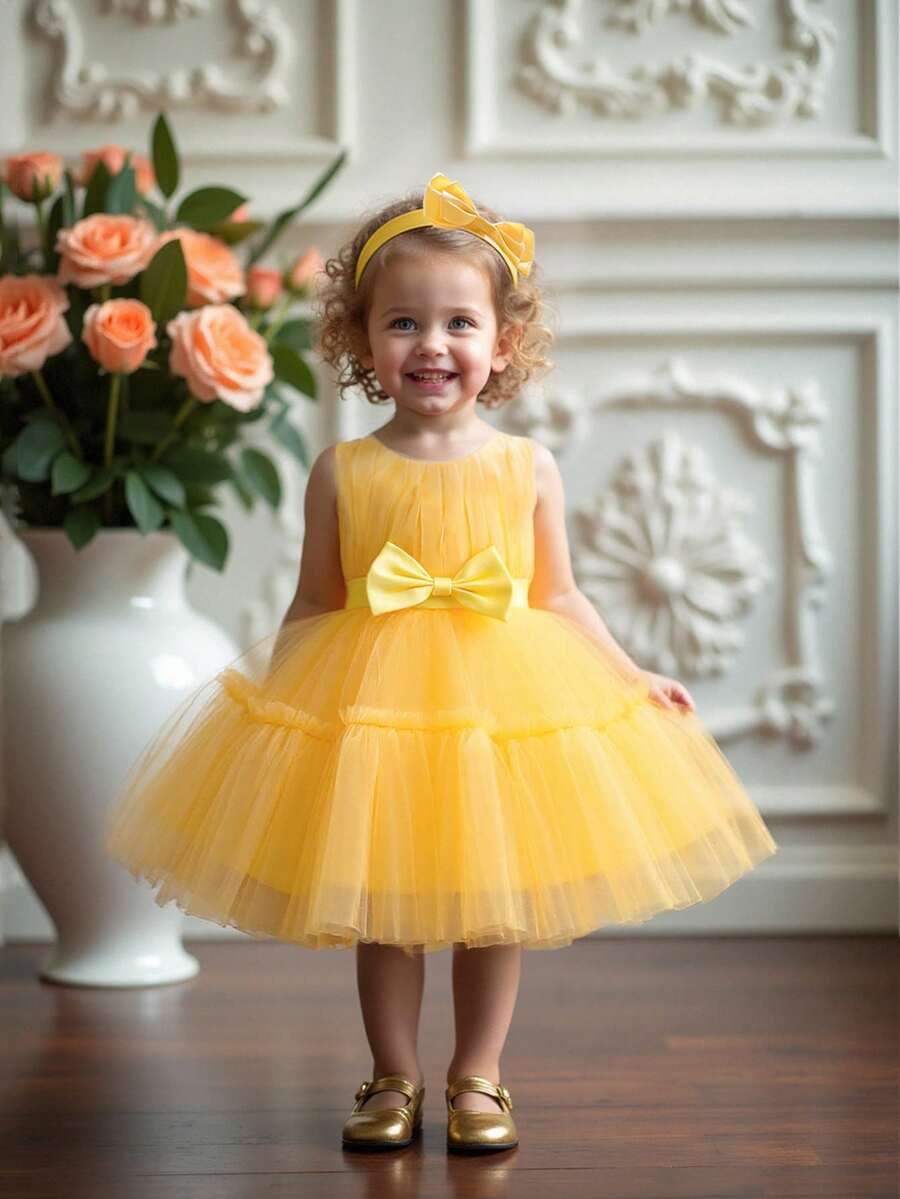 Baby Girls Sleeveless Solid Color Tulle Waist Bow Fluffy Skirt, Elegant Dress Suitable For Birthday Party, Hair Band Included - Yellow - View 1