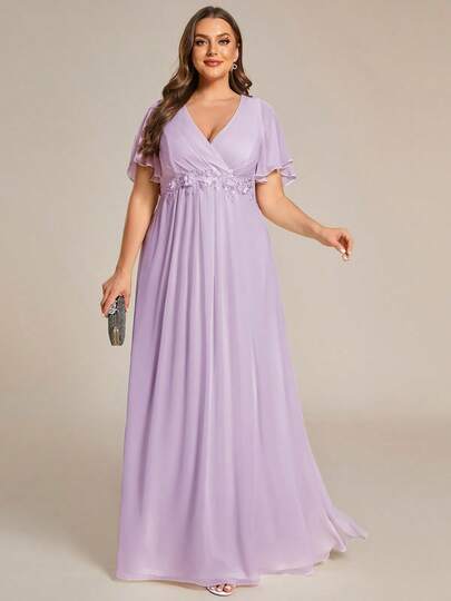 EVERPRETTY Women Plus Elegant V-Neck Applique Ruffle Sleeve Chiffon Dress, For Valentine's Day