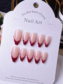 10 Pieces Of Handmade Almond-Shaped Red French Bead Press-On Nails. Featuring Hand-Painted Red French Tips And Manually Embellished With Silver Beads, These Elegant, Romantic And Minimalist Press-On Nails Are High-End, Sexy And Luxurious Nail Art Patches. They Are Suitable For Daily Wear, Dates, Concerts And Light Business Occasions, And Make An Excellent Gift For Women And Girls - Multicolor - View 1