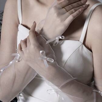 1 Pair Bridal Wedding Dress Accessories, Long Arm Sleeve Cover With 3D Bow & Faux Pearl, White Bride Gloves For Wedding, Banquet, Runway Show