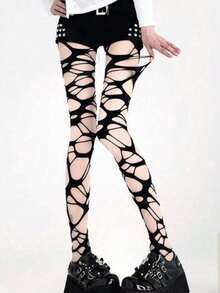 1PC Black Punk Goth Fishnet Tights For Women Y2K Millennium Hottie JK Style Distressed Holes Stockings Sexy Edgy Base Layer Pantyhose Soft Durable Daily Home Party Date Concert Travel Gift For Girlfriend Mom Daughter Friend Anniversary Present Limited Quantity Per Order - 黑色 - 查看 6