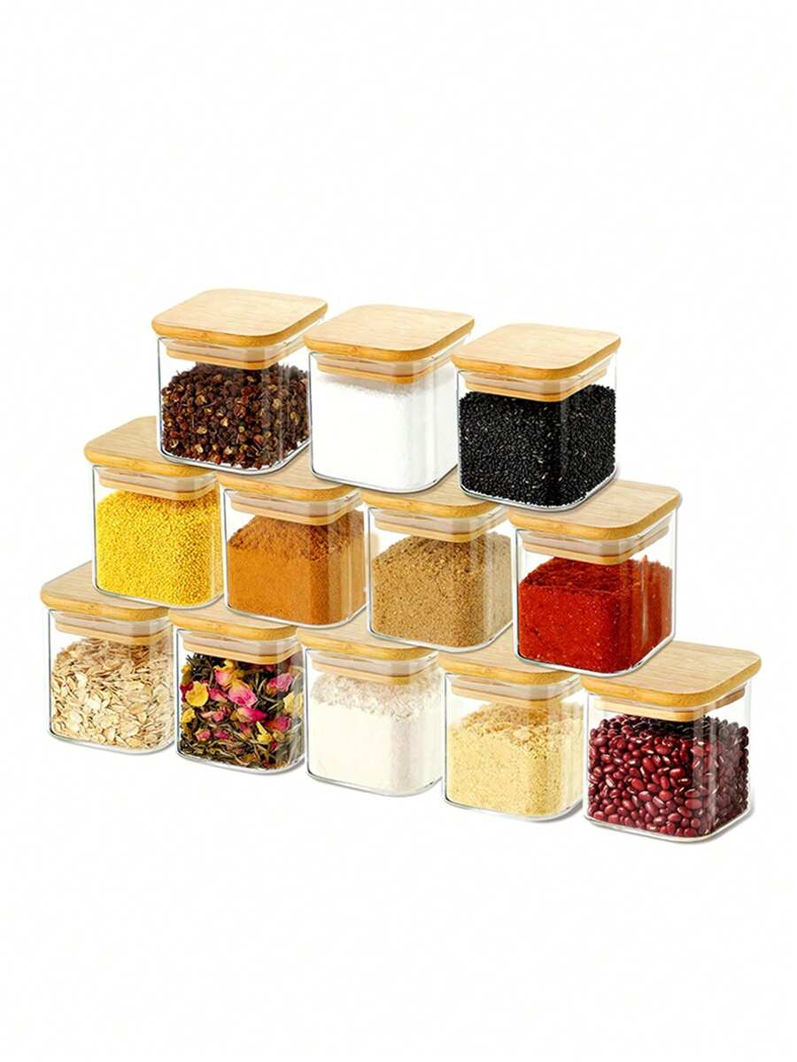 12 Piece 150ml/5oz Glass Storage Jar With Wooden Lid - Kitchen Storage For Coffee, Sugar, Salt, Spices, And Tea - Easy To Seal, Reusable, Suitable For Food Organization In Refrigerators, Kitchen Storage And Storage, Kitchen Utensils - 12件裝玻璃收納罐附蓋子 - 查看 1
