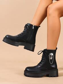 大码厚底朋克商务金属孔眼系带摩托车靴，女士短踝靴，时尚骷髅装饰机车靴，酷炫骑行靴 - 黑色 - 查看 2