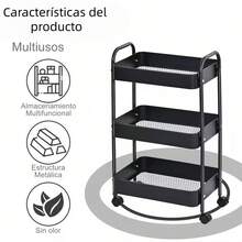 Carro Metálico Multifuncional de 3 Niveles - Carrito de Almacenamiento Giratorio 360° Minimalista, Material de acero de alta calidad, Fácil de Montar Adecuado para Cocina, Baño y Lavandería,Compatible con estilos de diseño interior contemporáneos. - Negro - Ver 3