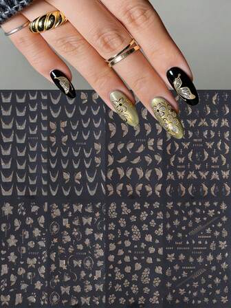 2/8 Stück Französische Blumen & Schmetterling 3D selbstklebende Nail Art Sticker, mit glänzenden Pailletten, Heißprägung Handwerk, wasserfest, Acrylmaterial, Einweg, glänzende Oberfläche, geeignet für Zuhause und Nagelstudio Verwendung