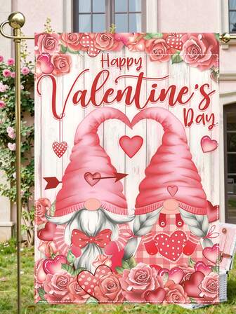 1面情人节花园旗，12x18英寸双面情人节花园旗，情人节快乐小矮人与心形玫瑰图案竖式庭院旗，适用于家庭草坪户外装饰，不含旗杆