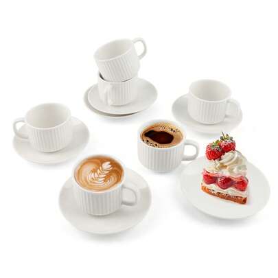 6 Pieces 3 Oz Tea Cup And Saucer Set, Cappuccino Latte Americano Coffee Cup With Saucer Set Of 6, Espresso Double Shot Cup, New Bone Porcelain Embossment Tea Cups, For Cafe Kitchen, Gift Idea, White