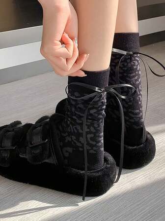 1Pair Ins Style Black Fashionable Leopard Print Women's Mid Tube Socks Autumn Winter Ribbon Bow Leopard Print Home Commuting Socks Daily Comfortable Women's Socks Perfect Gifts For Halloween And Christmas
