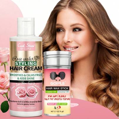  GOIPLE 3-In-1 Styling Cream And Wax Set, Curl Defining Cream, Suitable For Curly And Wavy Hair, Creates Voluminous And Bouncy Look, Smooths Frizz, Infused With Rose Water And Hydrolyzed Protein, Repairs, Nourishes And Strengthens Damaged Dull Hair, Lightweight Styling, Glossy Finish, Combines Styling Cream And Hair Conditioner, Suitable For All Hair Types, Great Gift For Valentine's Day And Christmas.