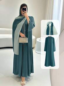 Women's Robe, Women's 2 Pieces Woven Fabric Robe Set: Rhinestone Embellished Robe With Chiffon Headscarf - Suitable For Festive Occasions, Elegant Green Party Dress - Blue - View 2