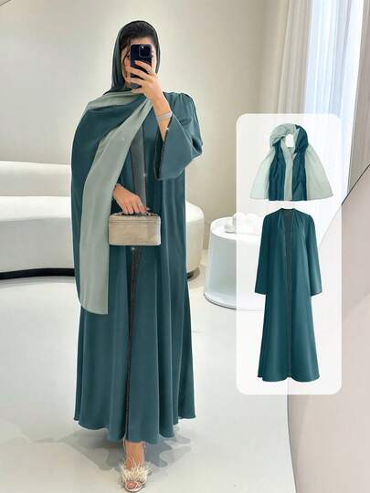 Women's Robe, Women's 2 Pieces Woven Fabric Robe Set: Rhinestone Embellished Robe With Chiffon Headscarf - Suitable For Festive Occasions, Elegant Green Party Dress