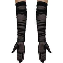 Women's Long Stretchy Ruched Mesh Tulle Sheer Gloves Costume Opera Party 1920's Dance Gloves - Navy - View 2