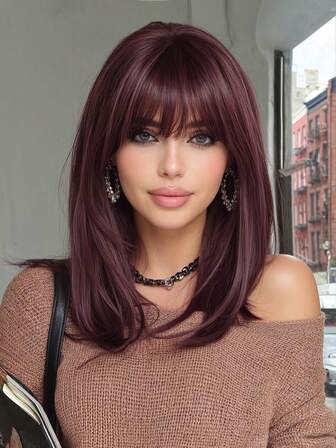 14 Inch Wavy Burgundy Short Bob Wig With Bangs, Layered Fashion Style, Women's Synthetic Fiber Wig, Suitable For Holidays, Family Gatherings And Daily Wear