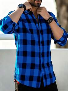 Men's Blue & Black Plaid Shirt, Fashionable Long Sleeve Casual Shacket, Gentleman Style - Blue - View 3