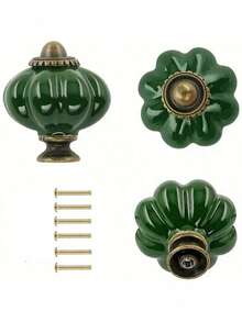 6pcs Vintage Dark Green Ceramic Cabinet Knobs, 1 Set Dresser Knobs, Drawer Pulls And Handles With Mounting Screws - Dark Green - View 5