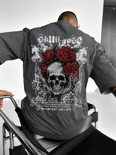 ONE WAVE 男士休闲百搭简约叛逆酷炫哥特风玫瑰花卉字体骷髅印花短袖T恤