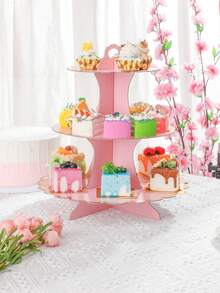 1pc Pink Cake Stand, 3-Tier Round Cardboard Stand Tower, Cardboard Cupcake Stand, Easy Assemble Dessert Stand Holder, Display Stand With Gold Scalloped Edge For Party, Afternoon Tea,Wedding Party Anniversary Christening Fruit Desserts Display - Multicolor - View 3