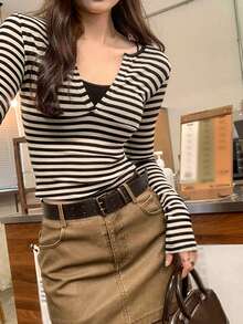 性感撞色条纹V领长袖打底衫，女士新款秋冬款 - 黑杏條紋 - 查看 1