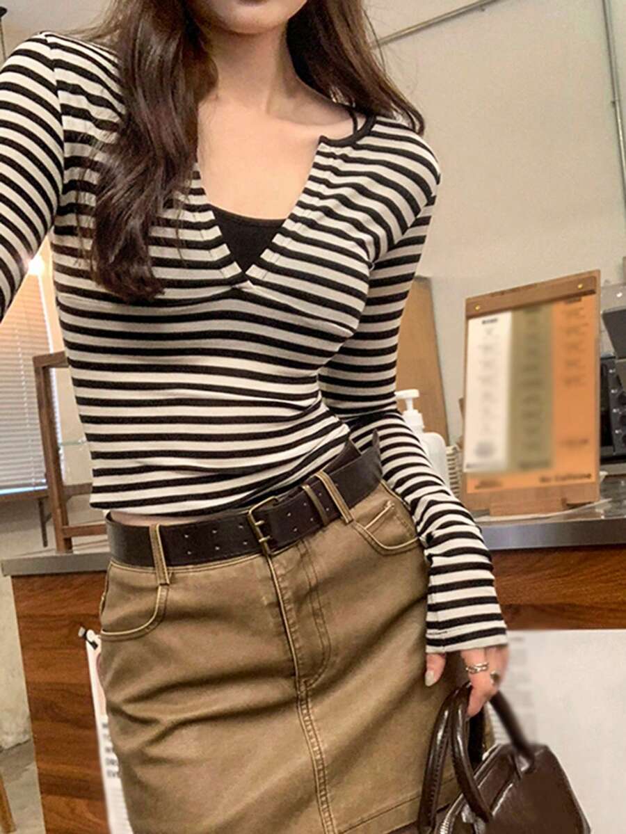 性感撞色条纹V领长袖打底衫，女士新款秋冬款 - 黑杏條紋 - 查看 1
