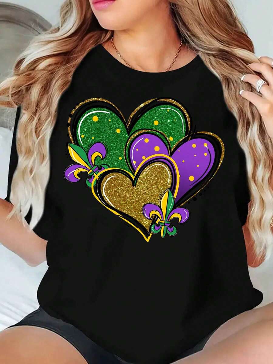 Mardi Gras Heart Fleur De Lis Design T Shirt Women Casual Top Festival Wear ,220g - 黑色 - 查看 1