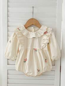 春秋季新款韩版女宝宝花卉领刺绣连体衣，公主爬行服 - 杏色 - 查看 2