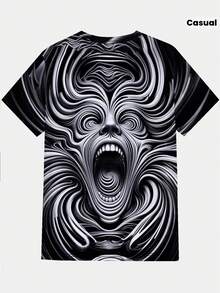 Men's 3D Monster Face Full-Body Print T-Shirt - Black & White Swirling Monster Eyes & Teeth Design, Short Sleeve Round Neck Casual Summer & Year-Round Wear, 3D Hot Transfer Graphic Tee For Parties, Halloween Costumes & Everyday Out - Màu sắc hỗn hợp - Xem 1