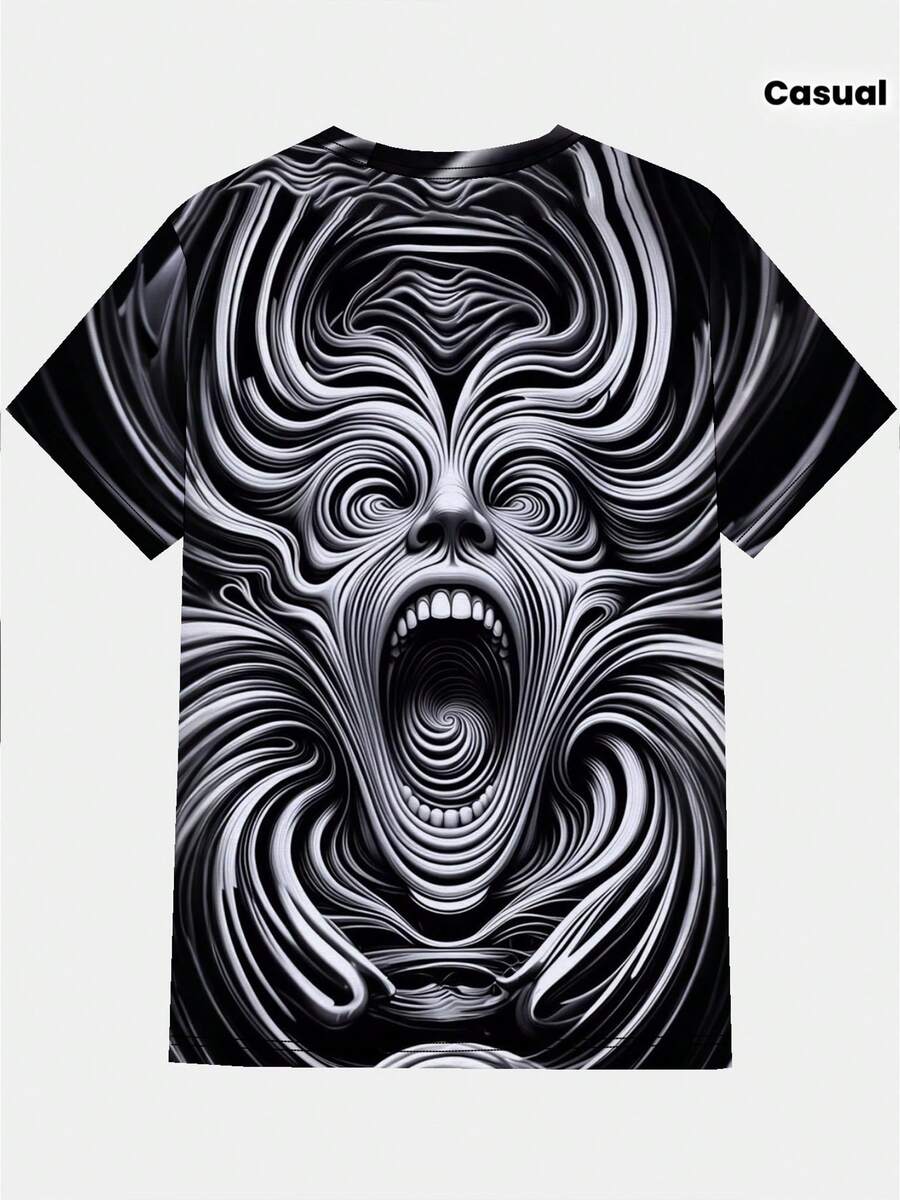 Men's 3D Monster Face Full-Body Print T-Shirt - Black & White Swirling Monster Eyes & Teeth Design, Short Sleeve Round Neck Casual Summer & Year-Round Wear, 3D Hot Transfer Graphic Tee For Parties, Halloween Costumes & Everyday Out - Màu sắc hỗn hợp - Xem 1