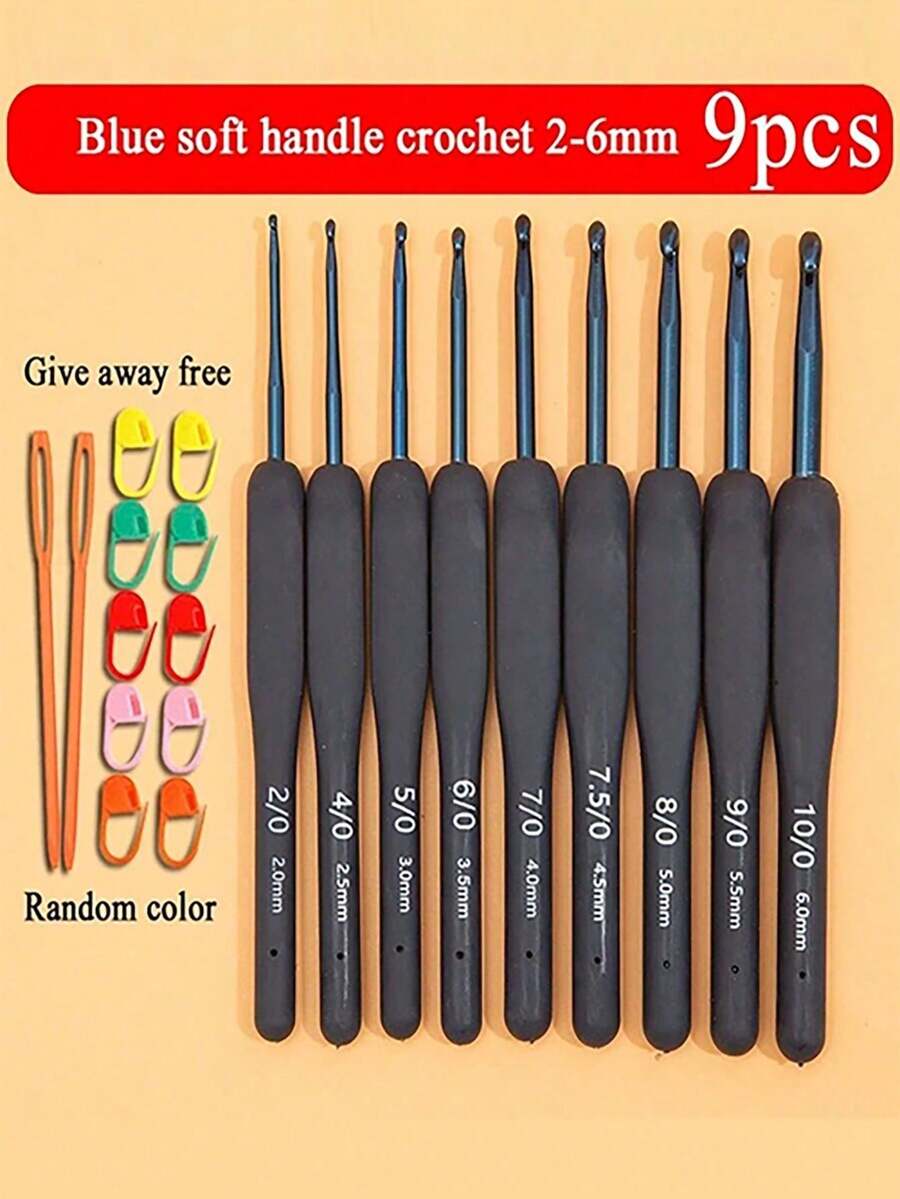 9pcs 14cm Crochet Hook Set, Handmade Soft Wool Sweater, Crochet Bag, Stainless Steel Crochet Hook Set, Crochet Supplies - Blue - View 1