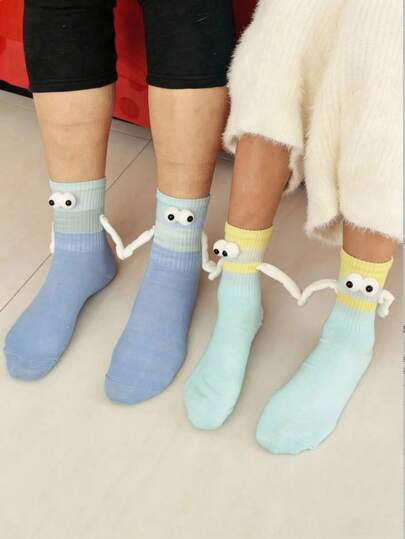 2 Pairs Magnetic Couple Socks, White, Green, Blue, Yellow, Light Blue, Gradient Colors, Suitable For Spring And Autumn, Mid-Calf Length, Cute, Self-Adhesive Toe Design, Magnetic Letter Pattern Couple Socks, Holding Hands, Lovers, Valentine's Day