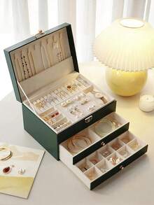 1pc Luxury Diamond Pattern Lockable Jewelry Box, Multi-Layer Jewelry Storage Box, Earring Organizer, Vanity, Bedroom Accessory, Home Organization & Storage, Room Decor, Gift For Women - Multicolor - View 16