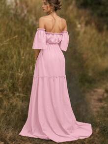 粉色孕妇露肩层叠短袖梭织面料微弹力长款礼服，荷叶边裙摆拖尾，适合草坪、海滩、花园等特殊场合春季拍摄 - 淺粉色 - 查看 6