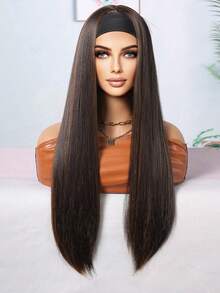 28-Inch Ombre Brown Straight Hair Headband Wig, Women's Natural Straight Hair Headband Wig With Black Headband, Natural Brown Wig, Suitable For Daily Wear - Brown Highlight - View 3