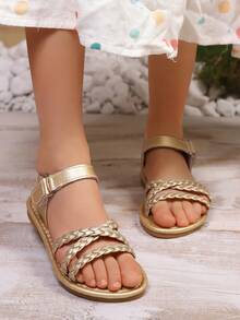 1 Pair Fashion Summer New Round Toe Breathable Lightweight Hollow Woven PU Flat Sandals For Girls, Suitable For Children Under 15 Years Old To Wear On Beach Vacation. Summer, Beach, Vacation, Cute Collegiate Casual Sandals - Gold - View 1