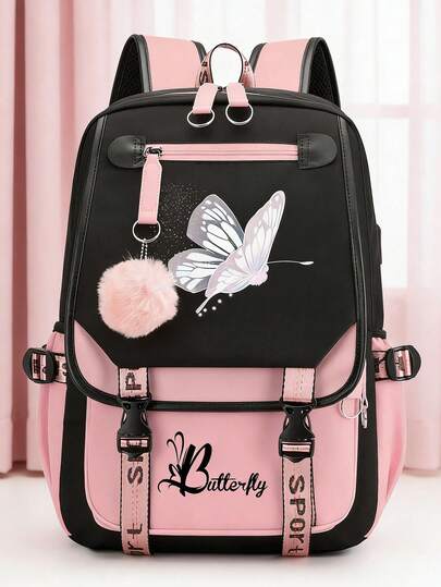 1 New Nylon Backpack With Cute Butterfly Pattern Design, Can Be Carried On One Shoulder, Multiple Zippered Pockets, Stylish Cartoon Style, Suitable For Daily Commuting And Outdoor Travel
