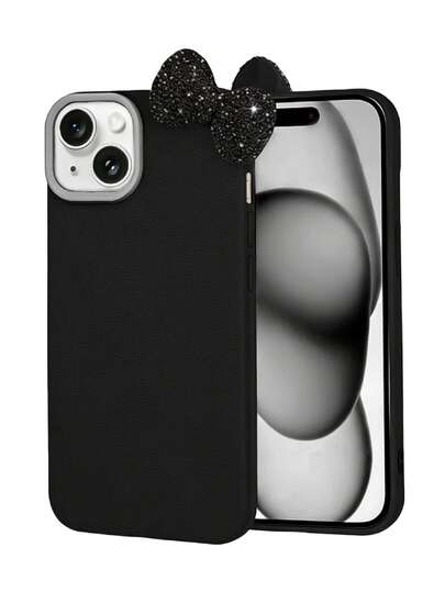 Pink And Red Faux Leather Texture Phone Case With DIY Glitter Bow Decor - High Quality, Compatible With IPhone 17/17 Air/17 Pro/17 Pro Max/16/15/14/13/12, Honor, 13 Phone Case, Apple Phone Case, Luxury Black/Pink Textured Phone Case With Sparkly Rhinestone Bow Decor Shockproof Protective Cover For IPhone,International Version, Not The Domestic Version