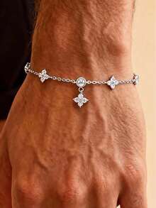 Men's Shiny Zirconia Tennis Chain Bracelet - Silver Four-leaf Clover Pendant - View 2