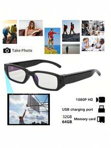 1080P高清视频眼镜，摄像眼镜，智能眼镜，高清电脑网络摄像头，超长续航，适用于骑行、驾驶跑车、徒步旅行、钓鱼、海滩漫步、旅游等场合，配备存储卡，百搭黑色，包含32GB/64GB存储卡 - 黑色 - 查看 5
