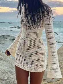 Women's Petite Beige Crochet Knit Dress | Long Bell Sleeve Crew Neck Mini Dress For Beach & Vacation - Milky White - View 7