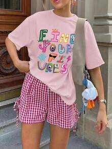 Camiseta de manga corta holgada con estampado de marca de dibujos animados casual, camiseta de verano unisex con gráfico de letra de estilo retro americano única y nueva - Rosa Pálido - Ver 5
