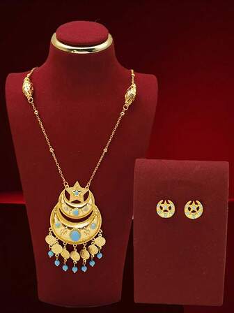 Vintage Style Copper Jewelry Set With Zirconia Inlay - Elegant Middle Eastern Inspired Necklace And Earrings Combo For Daily And Special Occasions