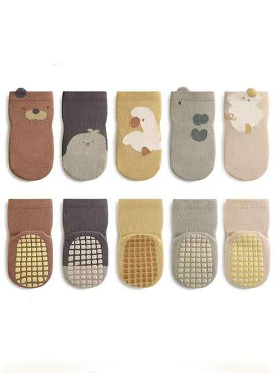 5双可爱卡通圆点防滑袜，儿童室内地板袜，爬行袜