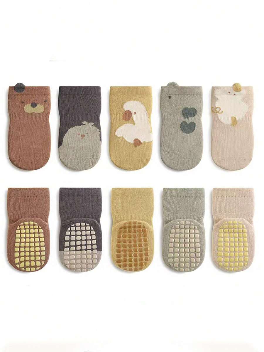 5 pares de nuevos calcetines antideslizantes con diseño de lunares y dibujos animados lindos, calcetines de piso para interiores para niños - Blanco - Ver 1