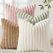 4pcs Solid Color Pillow Covers, Suitable As Sofa Faux Fur Cushion Covers, Home Decor - Milky White + Camel + Pink + Sage Green - View 8